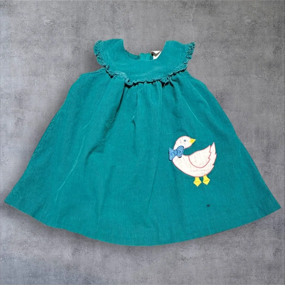 Vintage‎ Baby Goose Dress Teal Corduroy Applique Cotton Toddler